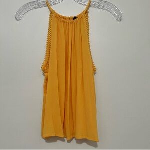 H&M Divided Yellow Halter Top Size 6 Boho Pom Pom Trim Gauze High Neck Blouse